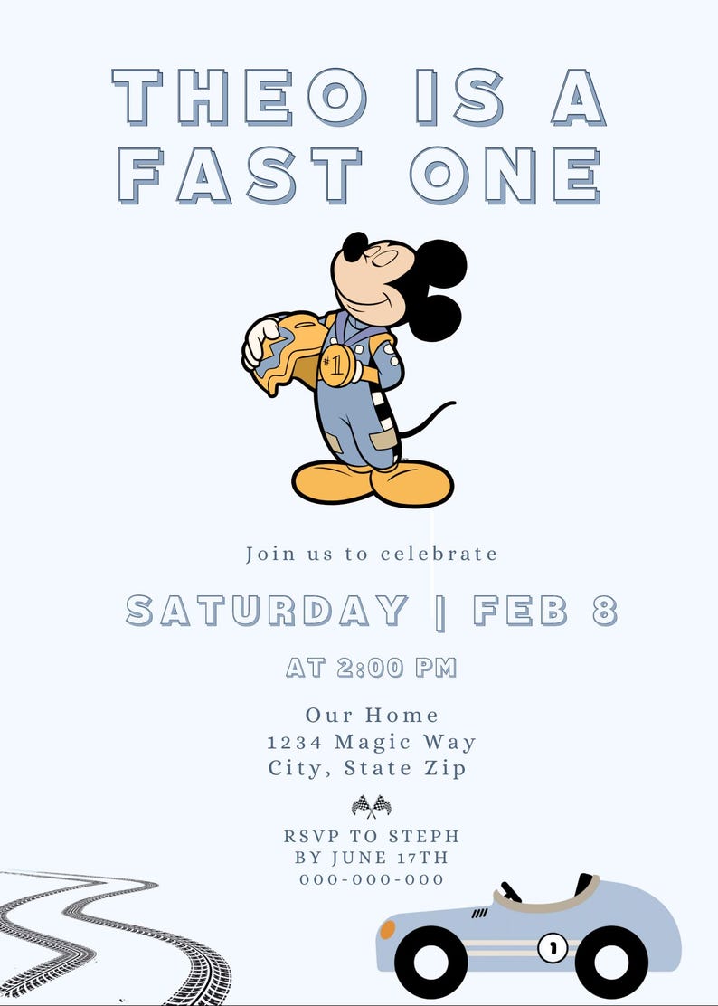 Editable Blue Roadster Racers Invitation Racing Party Invite Race Car Birthday Mickey Mouse ...