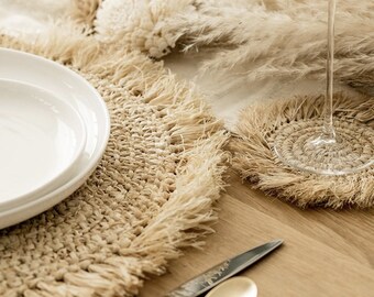 Straw Raffia Placemats with Fringe - Brown Boho Woven Wicker Set of Four