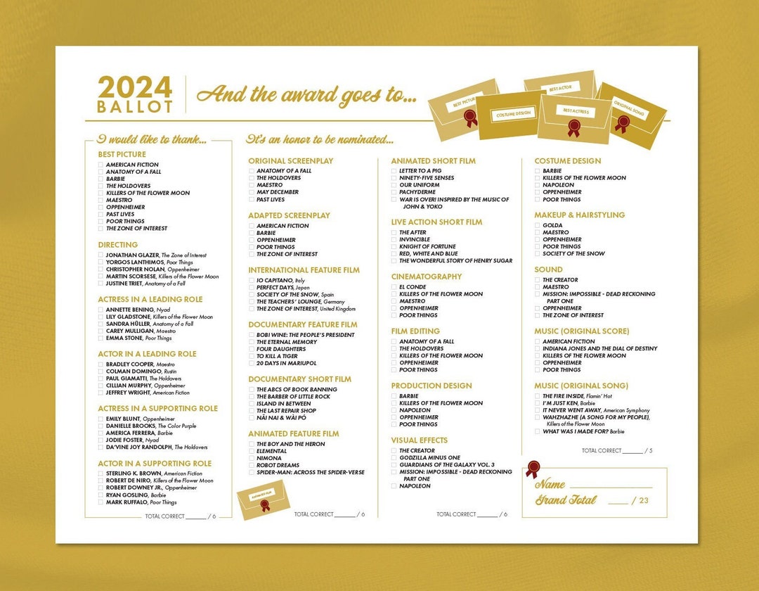 2024 Oscars Awards Ballot Printable Download Instant Download Art Etsy