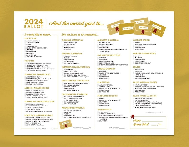 2024 Oscars Awards Ballot Printable Download Instant Download Art Etsy