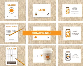 May include: A printable shower bundle with a fall theme. The bundle includes a welcome sign, a bingo card, a recipe card, a latte sign, and three guess how many jars. The jars are filled with candles, candies, and coffee beans. The graphics feature pumpkins and fall colors.