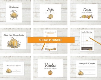 May include: A printable shower bundle for a baby shower with a fall theme. The bundle includes a welcome sign, a card for gifts, a game to guess how many candies are in a jar, a bingo game, a wish card, and a card for guests to write wishes for the baby. The design features a pumpkin with fall leaves and spices.