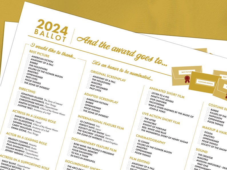 2024 Oscars Awards Ballot Printable Download Instant Download Art Etsy