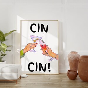 レトロなウォールアート、Cin Cin アートプリント、レトロな引用プリント、トレンディなウォールアート、チェックプリント、寮の部屋の装飾、美的ウォールアート、デジタルプリント