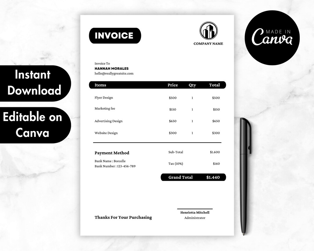 Invoice Template Editable, Small Business Custom Order Form Printable ...