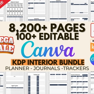 100 Canva Mega Editable Planner Templates and KDP Interior Combo Graphic Planner Journal Template, Logbooks, Notebook Commercial Use