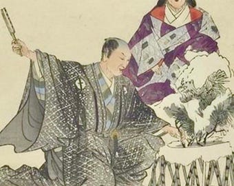 May include: An antique Japanese woodblock print depicting two figures in traditional attire. One figure kneels, holding a fan, while the other sits. The print features a muted color palette with black, gray, purple, and white.