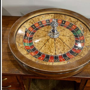 Vintage Regulation Roulette Table 31” diameter with custom acrylic cover antique wood Roulette table game by Renowned craftsman Paul Tramble