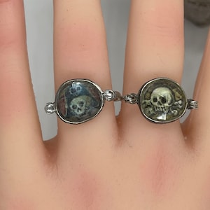 Green Amethyst Memento Mori Ring: Sterling Silver Skulls, Gothic Jewelry