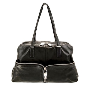 FENDI FF Zucca Sheepskin Shoulder Bag Fendi Black Leather silver zipper Purse Black Glazed Soft Fendi handbag