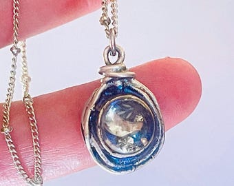 Handmade Moon and Stars black diamond Necklace: Sterling Silver Satellite Chain, shaker crystal Pendant