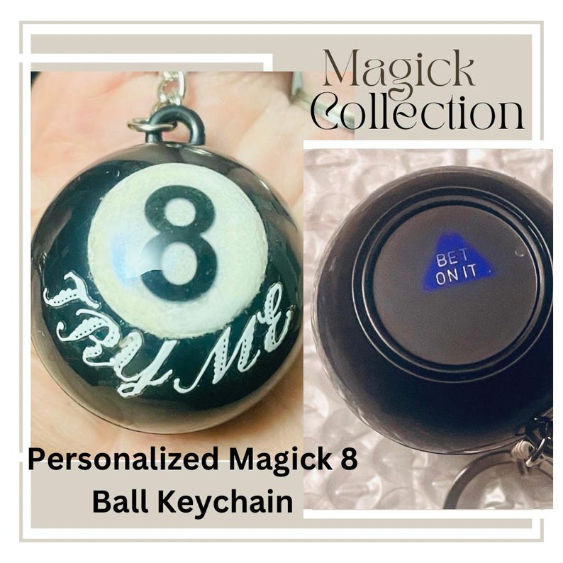 May include: A black and white 8-ball keychain with the words "Try Me" written on it. The keychain is a personalized Magic 8 Ball.