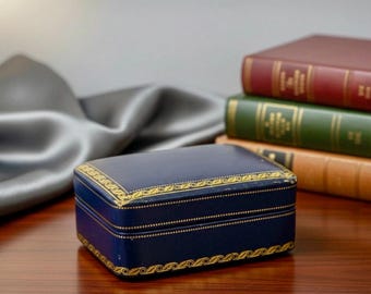 Antique Italian Leather Jewelry Box: Blue & Gold Decor, Handmade Keepsake