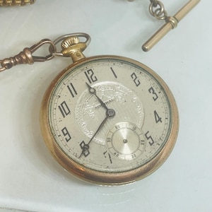 Antique pocket watch with chain, monogrammed initials 14k gold filled pocket watch with detailed inscription