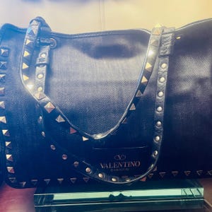 Valentino Denim Rockstud Crossbody Bag: Black Leather Trim, Detachable Strap