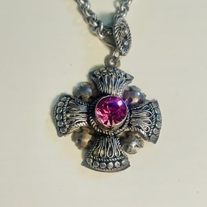 Vintage Sterling Silver Large Ornate MALTESE CROSS Bethlehem Crusader & Faceted Pink Sapphire Stone Pendant, 40 grams, Rolo silver chain 925