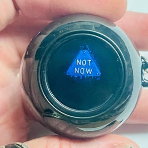 May include: A black magic eight ball with a blue triangle that says "NOT NOW" inside.