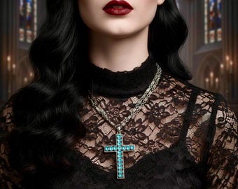 May include: A silver necklace with a turquoise cross pendant. The cross is adorned with small, light blue stones. The woman is wearing a black lace top and has dark hair and red lipstick. The background is a blurred image of a church.