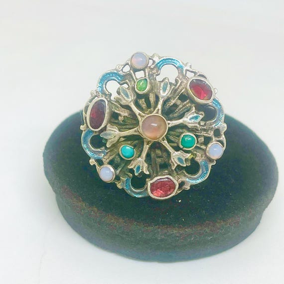 Edwardian Sterling Silver Enamel Ring: Opal, Moonston… - Gem