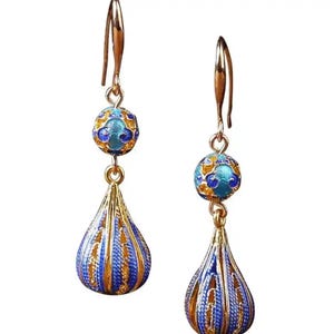 Blue Enamel Drop Earrings: Vintage Gold Tone Hypoallergenic Jewelry