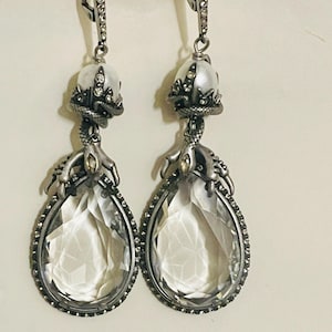 Alexander McQueen Gothic Silver Crystal Drop Earrings, McQueen Drop earrings, Designer McQueen statement pearl signed earrings for her