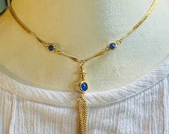 14k yellow gold lariat lapis lazuli necklace Swage chain 14k Real yellow gold solid gold  simple minimalist blue necklace