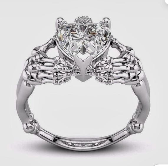 Gothic Claddagh Ring: Sterling Silver Crowned Heart Skeleton Hands