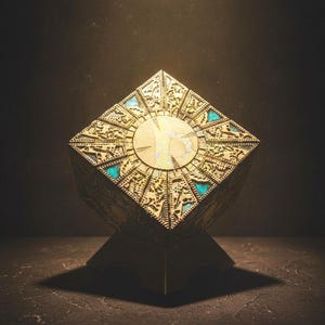 Puede incluir: Una caja de rompecabezas de color dorado con intrincados patrones geométricos grabados en su superficie. El cubo está equilibrado sobre una esquina encima de un soporte oscuro y angular. Acentos de color turquesa brillante están incrustados dentro de los grabados detallados de aspecto metálico, creando un contraste llamativo contra el acabado dorado texturizado y desgastado del objeto.