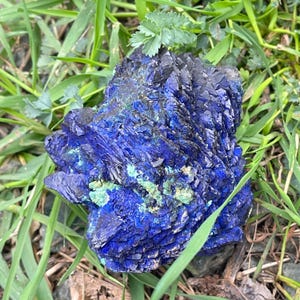 May include: A striking, natural azurite mineral specimen. The stone features a deep blue color with areas of green and black, set against a backdrop of green grass. The crystalline structure is clearly visible.