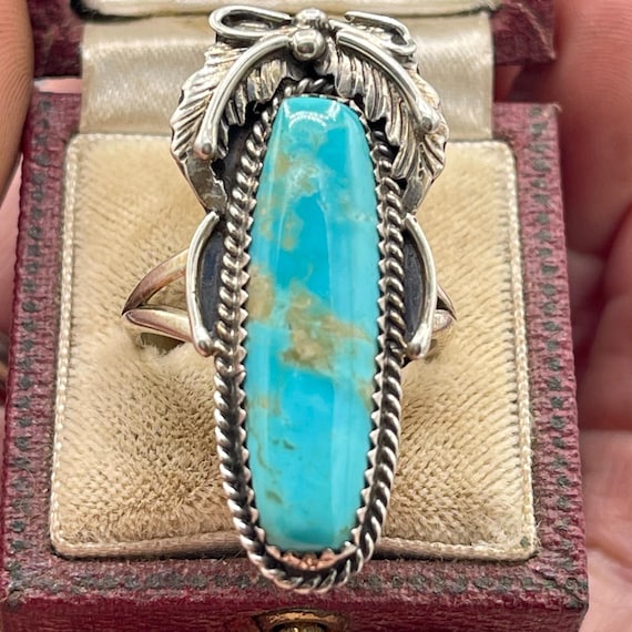 Vintage Turquoise Statement Ring Signed Sterling … - image 1