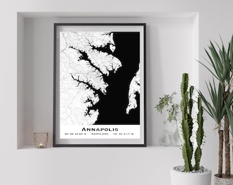 Carte personnalisée d’Annapolis Maryland. Carte numérique d'Annapolis MD. Carte des villes sur mesure à offrir. Carte numérique d'Annapolis MD.