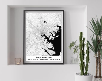 Custom Map of Baltimore, MD. Digital map of Baltimore, ready to print, frame, and hang. 4 different sizes delivered instantly.