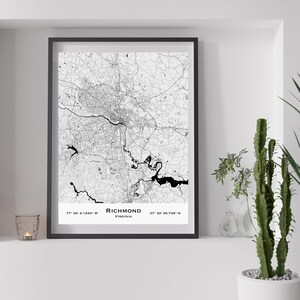 Mapa personalizado de Richmond, Virgínia. Mapa digital de Richmond VA. Mapa para decorar suas paredes. Mapa personalizado de cidades para presente