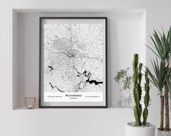 Carte personnalisée de Richmond en Virginie. Carte numérique de Richmond VA. Carte pour décorer vos murs. Carte des villes sur mesure à offrir
