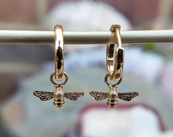 Gold Plated Huggie Bee Charm Dangle Earrings