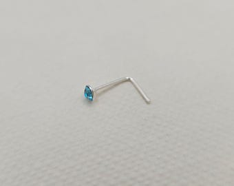 Tiny Micro 925 Sterling Silver L-Shaped Nose Stud with Crystal Gem | Blue, Pink, Multi