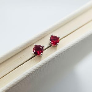 May include: A pair of silver stud earrings with small, round, red gemstones.