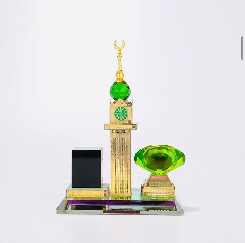 Moslim Crystal Gilded Kaaba Klok Toren Miniatuur Model Showpiece Islamitische Architectuur Handwerk Thuis Voertuig Decor Islamitische Gebouw Gift