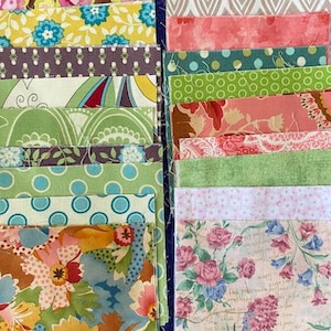 Cotton Fabric Squares: 5-inch Green, Yellow, Pink Prints - 40 Piece