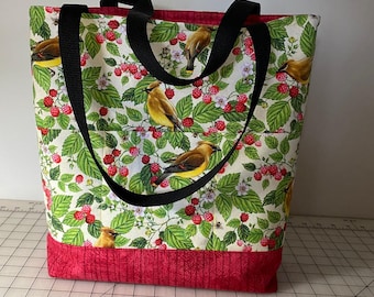 Cedar Waxwings with Raspberries--Birds and Berries of Maine Fabric -- Handmade Cotton Tote Bag