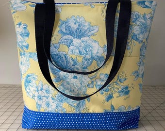 Bolso de mano de algodón hecho a mano con tela azul y amarilla