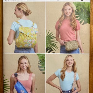 May include: A sewing pattern for four different bags. The pattern is called Simplicity R12095 and is for one size. The bags are a backpack, a fanny pack, a crossbody bag, and a small purse. The pattern is easy to sew.