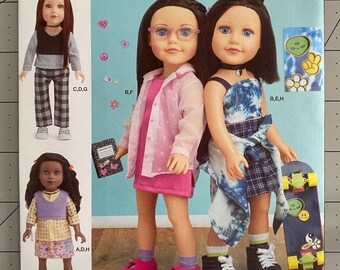 May include: Simplicity sewing pattern R12004 for making clothes for 18-inch dolls. The pattern includes instructions for making a plaid skirt, a pink shirt with white polka dots, a blue tie-dye top, and a plaid skirt. The pattern also includes instructions for making a skateboard.