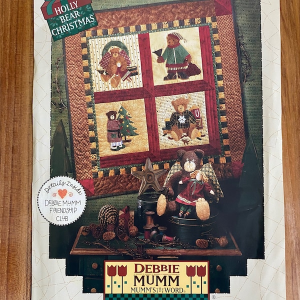 Holly Bear Christmas by Debbie Mumm, pattern for wallhanging, angel bear, stuffed bird, rag doll, 1998 Mumm's the Word, unused paper pattern