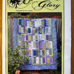 May include: A quilting pattern titled "Primrose Path" designed by Pat Steiner. The pattern features a colorful quilt with a patchwork design of squares and rectangles in shades of blue, green, purple, and yellow. The quilt is displayed against a wooden fence and green foliage.