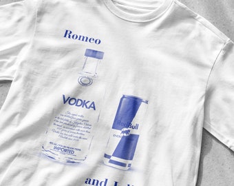 Vodka Redbull Romeo e Giulietta T-shirt da bere, T-shirt da bere divertente, Camicia divertente, T-shirt da meme divertente, Camicia da bere birra, Camicia da festa