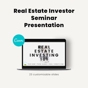 Könnte beinhalten: Ein Laptop-Bildschirm zeigt eine Präsentation mit dem Titel "Immobilien-Investieren 101". Die Präsentation ist in einem modernen Stil mit schwarzem Text auf weißem Hintergrund gestaltet. Der Text "23 anpassbare Folien" wird unter dem Laptop angezeigt.
