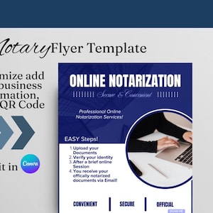 Puede incluir: Una plantilla de folleto azul y blanco para servicios de notaría en línea. El folleto presenta a una persona usando una computadora portátil, un código QR y el texto "Notarización en línea - Segura y conveniente".