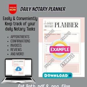 May include: A pink and white printable daily planner for notaries. The planner includes sections for appointments, confirmations, invoices, reviews, and more. The text "DAILY PLANNER" is at the top of the page. The text "DOWNLOAD" is at the bottom of the page.