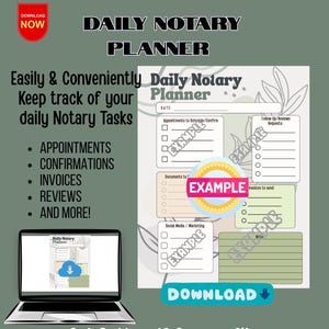 May include: A printable daily planner for notaries public. The planner has sections for appointments, documents, invoices, social media, and notes. The planner is decorated with a green and white floral design. The text "Daily Notary Planner" is at the top of the page. The text "Get Both .pdf & .png files" is at the bottom of the page. The text "NO RETURNS ON DIGITAL FILES" is at the bottom of the page.